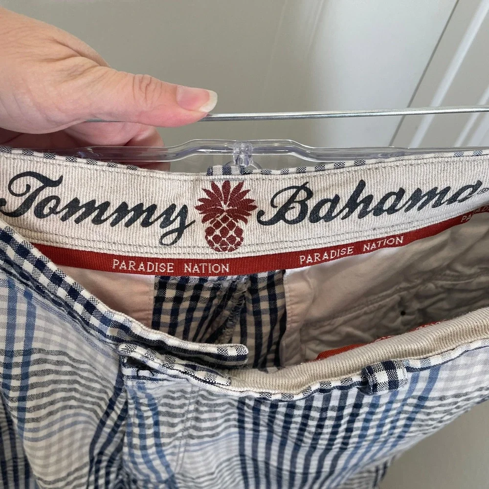 Tommy Bahama Blue Plaid Linen Silk Blend Shorts Paradise Nation Vacation Mens 32